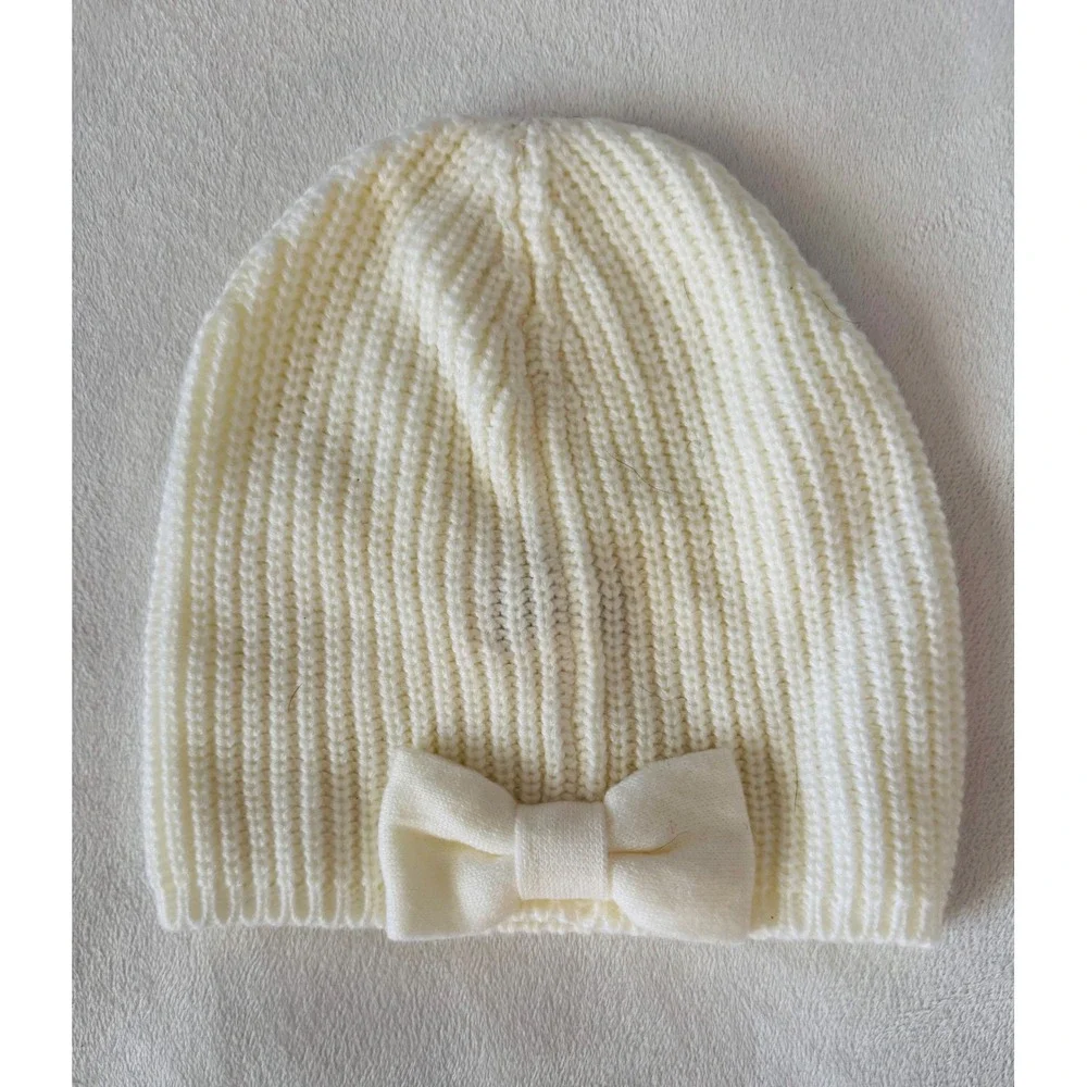 Kate Spade New York Cream Ribbed Knit Beanie Hat with Bow Women